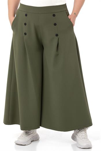 Plus Size Button Detailed Wide Leg Zippered Khaki Trousers