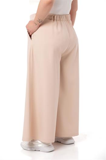 Plus Size Button Detailed Wide Leg Zippered Beige Trousers