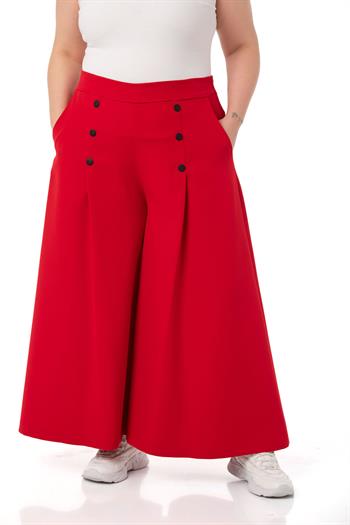 Plus Size Button Detailed Wide Leg Zippered Red Trousers
