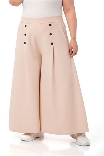 Plus Size Button Detailed Wide Leg Zippered Beige Trousers