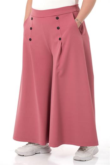 Plus Size Button Detailed Wide Leg Zippered Rose Trousers