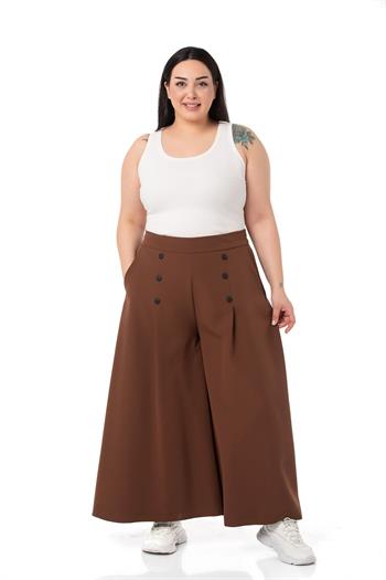 Plus Size Button Detailed Wide Leg Zippered Brown Trousers