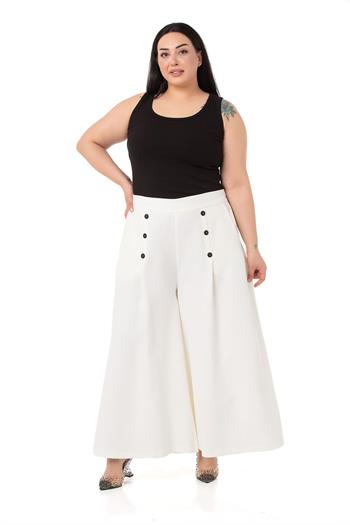 Plus Size Button Detailed Wide Leg Zippered White Trousers