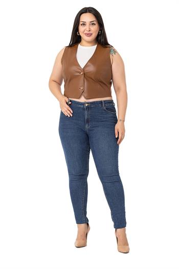 Plus Size Button Lined Leather Short Brown Vest