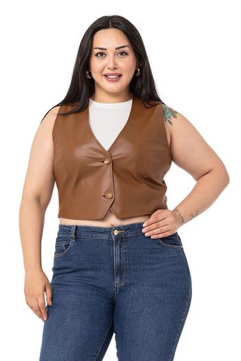 Plus Size Button Lined Leather Short Brown Vest