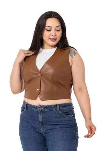 Plus Size Button Lined Leather Short Brown Vest