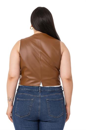 Plus Size Button Lined Leather Short Brown Vest