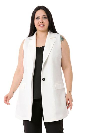 Plus Size Buttoned Long White Vest with Flap Pockets and Lining
