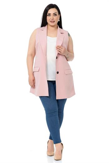 Plus Size Buttoned Long Light Pink Vest with Flap Pockets and Lining