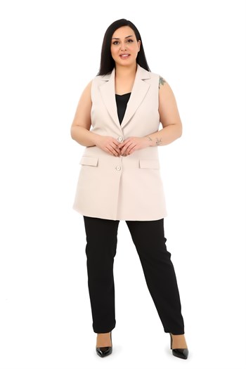 Plus Size Buttoned Long Beige Vest with Flap Pockets and Lining