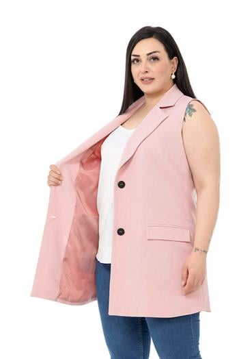 Plus Size Buttoned Long Light Pink Vest with Flap Pockets and Lining