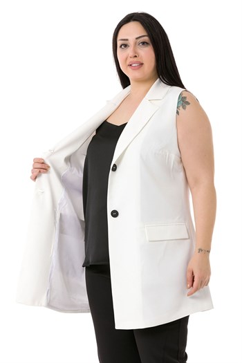 Plus Size Buttoned Long White Vest with Flap Pockets and Lining