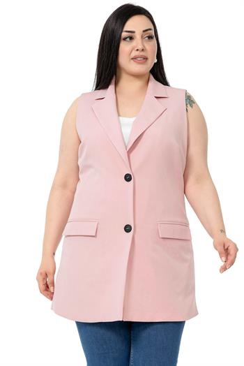 Plus Size Buttoned Long Light Pink Vest with Flap Pockets and Lining
