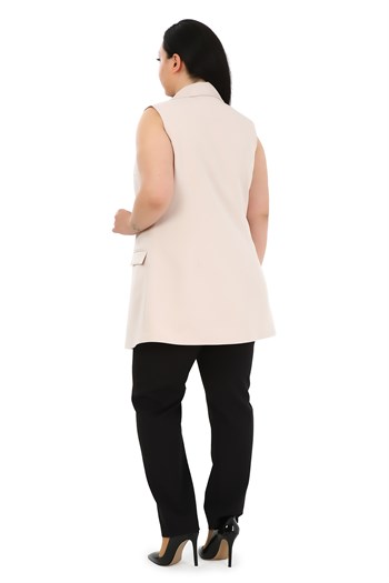 Plus Size Buttoned Long Beige Vest with Flap Pockets and Lining