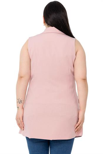 Plus Size Buttoned Long Light Pink Vest with Flap Pockets and Lining