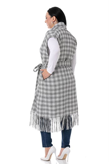 Plus Size Low Sleeve Tassel Detailed Black Vest