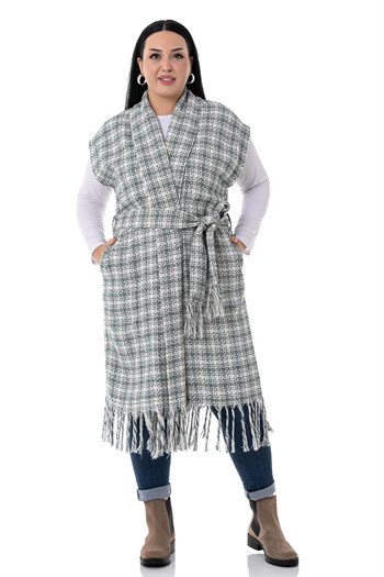 Plus Size Low Sleeve Tassel Detailed Khaki Vest