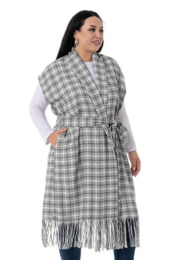 Plus Size Low Sleeve Tassel Detailed Black Vest