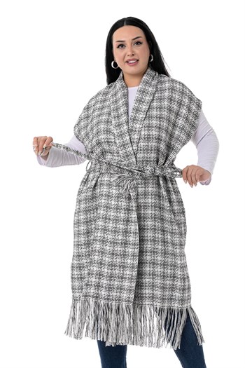 Plus Size Low Sleeve Tassel Detailed Black Vest