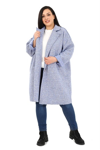 Büyük Beden Düşük Kollu Torba Cepli Büyük Düğmeli Pis Dikişli Oversize Simli Mavi Ceket