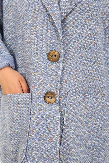 Büyük Beden Düşük Kollu Torba Cepli Büyük Düğmeli Pis Dikişli Oversize Simli Mavi Ceket