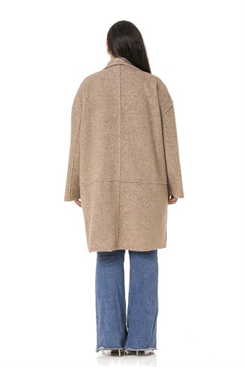 Büyük Beden Düşük Kollu Torba Cepli Büyük Düğmeli Pis Dikişli Oversize Simli Vizon Ceket