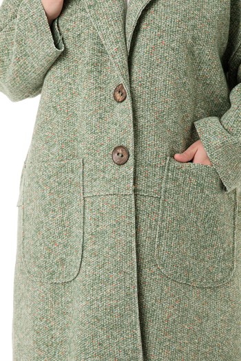 Büyük Beden Düşük Kollu Torba Cepli Büyük Düğmeli Pis Dikişli Oversize Simli Yeşil Ceket