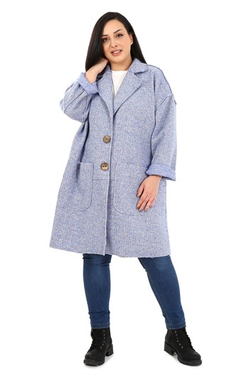 Büyük Beden Düşük Kollu Torba Cepli Büyük Düğmeli Pis Dikişli Oversize Simli Mavi Ceket