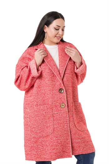 Büyük Beden Düşük Kollu Torba Cepli Büyük Düğmeli Pis Dikişli Oversize Simli Kırmızı Ceket