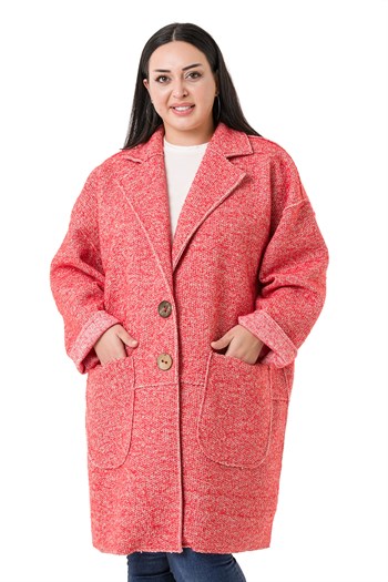 Büyük Beden Düşük Kollu Torba Cepli Büyük Düğmeli Pis Dikişli Oversize Simli Kırmızı Ceket