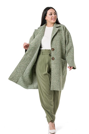 Büyük Beden Düşük Kollu Torba Cepli Büyük Düğmeli Pis Dikişli Oversize Simli Yeşil Ceket