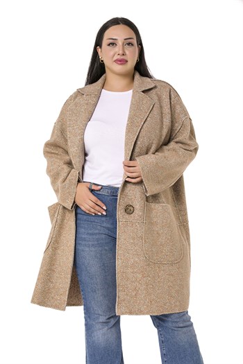 Büyük Beden Düşük Kollu Torba Cepli Büyük Düğmeli Pis Dikişli Oversize Simli Vizon Ceket