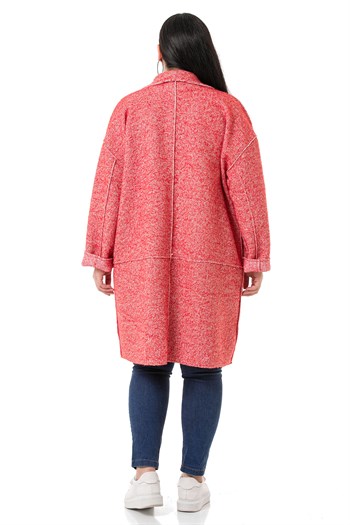 Büyük Beden Düşük Kollu Torba Cepli Büyük Düğmeli Pis Dikişli Oversize Simli Kırmızı Ceket