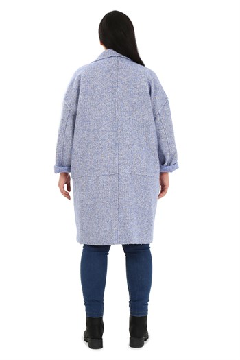 Büyük Beden Düşük Kollu Torba Cepli Büyük Düğmeli Pis Dikişli Oversize Simli Mavi Ceket