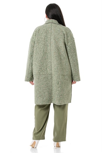 Büyük Beden Düşük Kollu Torba Cepli Büyük Düğmeli Pis Dikişli Oversize Simli Yeşil Ceket