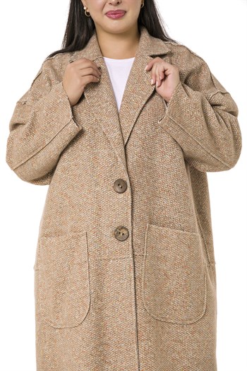 Büyük Beden Düşük Kollu Torba Cepli Büyük Düğmeli Pis Dikişli Oversize Simli Vizon Ceket