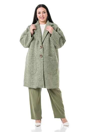 Büyük Beden Düşük Kollu Torba Cepli Büyük Düğmeli Pis Dikişli Oversize Simli Yeşil Ceket