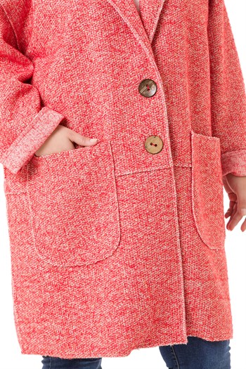 Büyük Beden Düşük Kollu Torba Cepli Büyük Düğmeli Pis Dikişli Oversize Simli Kırmızı Ceket