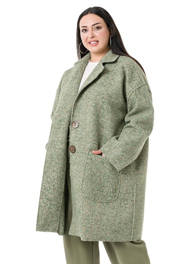 Büyük Beden Düşük Kollu Torba Cepli Büyük Düğmeli Pis Dikişli Oversize Simli Yeşil Ceket