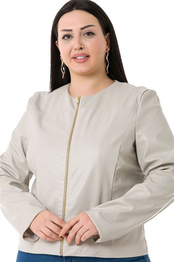 Büyük Beden Fermuar Detaylı Astarlı Gri Kısa Deri Mont