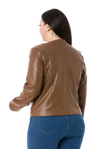 Büyük Beden Fermuar Detaylı Astarlı Kahverengi Kısa Deri Mont