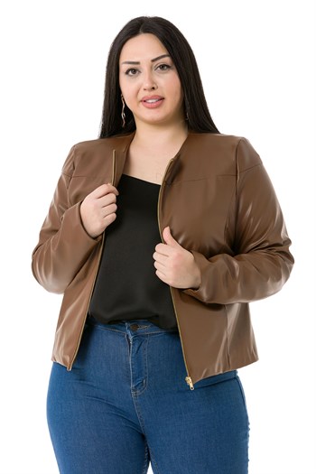 Büyük Beden Fermuar Detaylı Astarlı Kahverengi Kısa Deri Mont