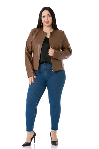 Büyük Beden Fermuar Detaylı Astarlı Kahverengi Kısa Deri Mont