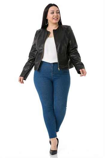 Büyük Beden Fermuar Detaylı Astarlı Siyah Kısa Deri Mont