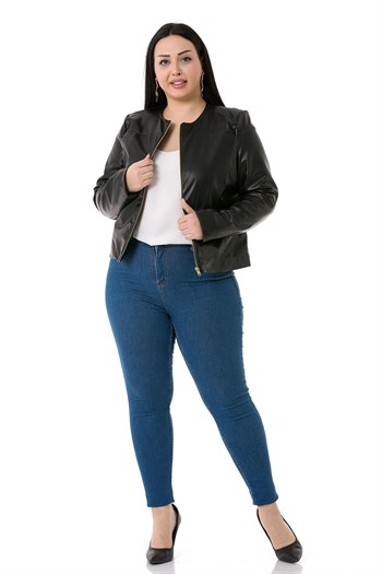 Büyük Beden Fermuar Detaylı Astarlı Siyah Kısa Deri Mont