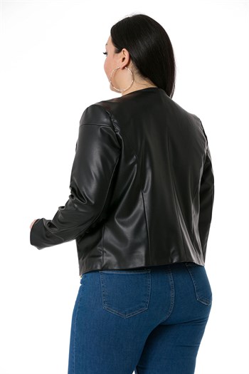 Büyük Beden Fermuar Detaylı Astarlı Siyah Kısa Deri Mont