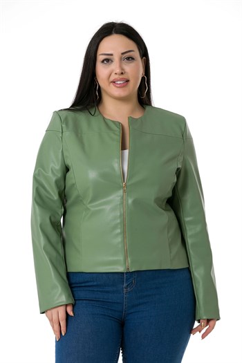 Büyük Beden Fermuar Detaylı Astarlı Yeşil Kısa Deri Mont