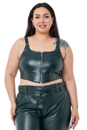 Büyük Beden Fermuar Detaylı Deri Haki Büstiyer