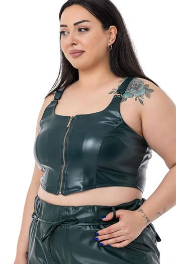 Büyük Beden Fermuar Detaylı Deri Haki Büstiyer