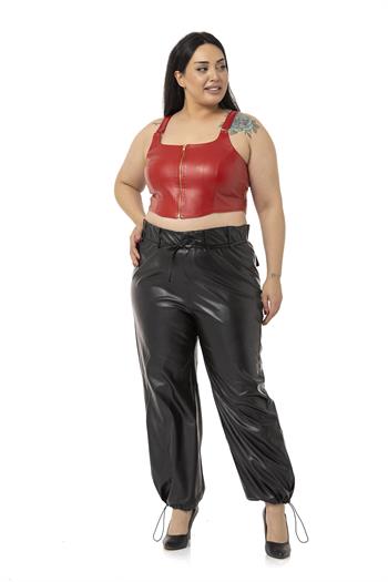 Büyük Beden Fermuar Detaylı Deri Kırmızı Büstiyer